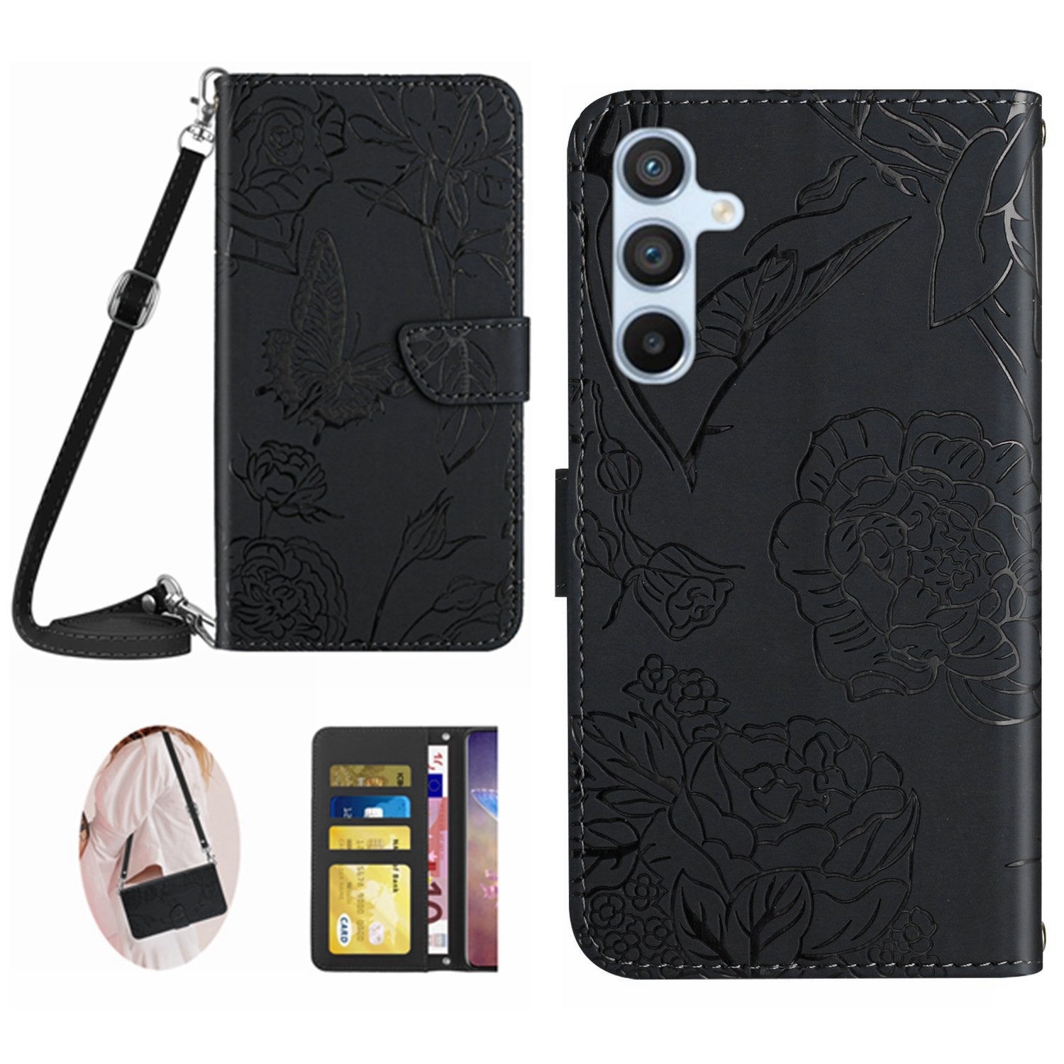 HT03 telefontaske til Samsung Galaxy M14 5G PU læderholder tegnebog Butterfly Flowers påtrykt cover med skulderrem HT03 telefontaske til Samsung Galaxy M14 5G PU læderholder tegnebog Butterfly Flowers påtrykt cover med skulderrem
